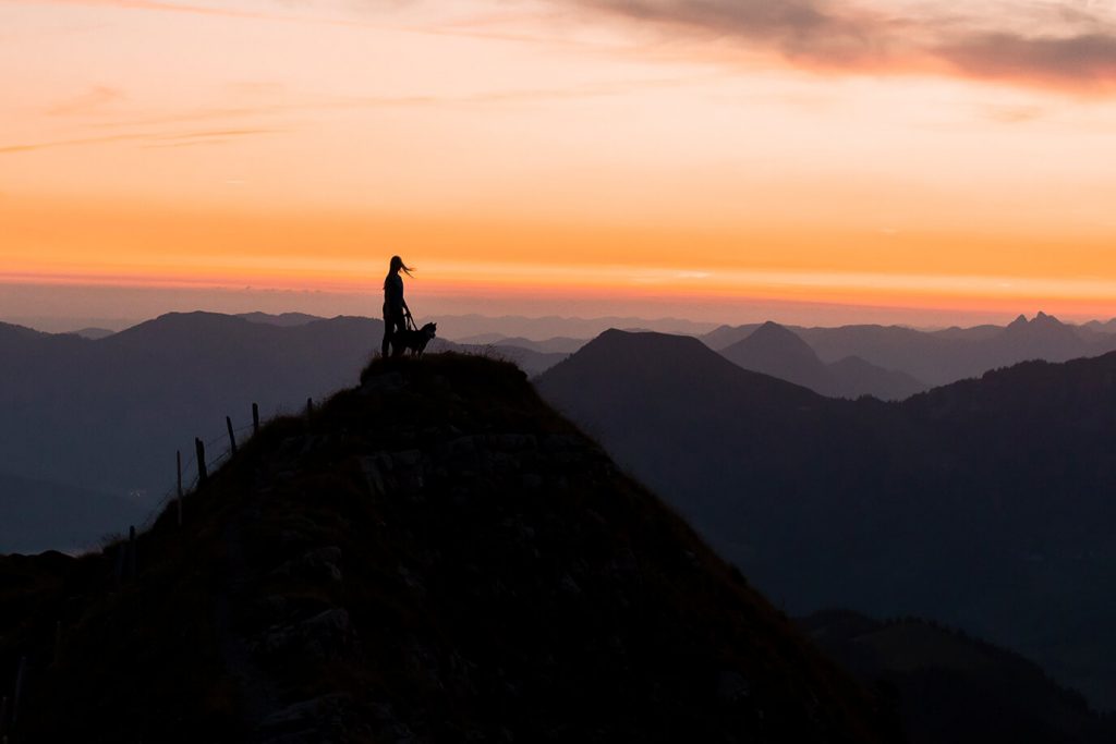 Hund und Mensch bei Sonnenaufgang vor Bergkulisse