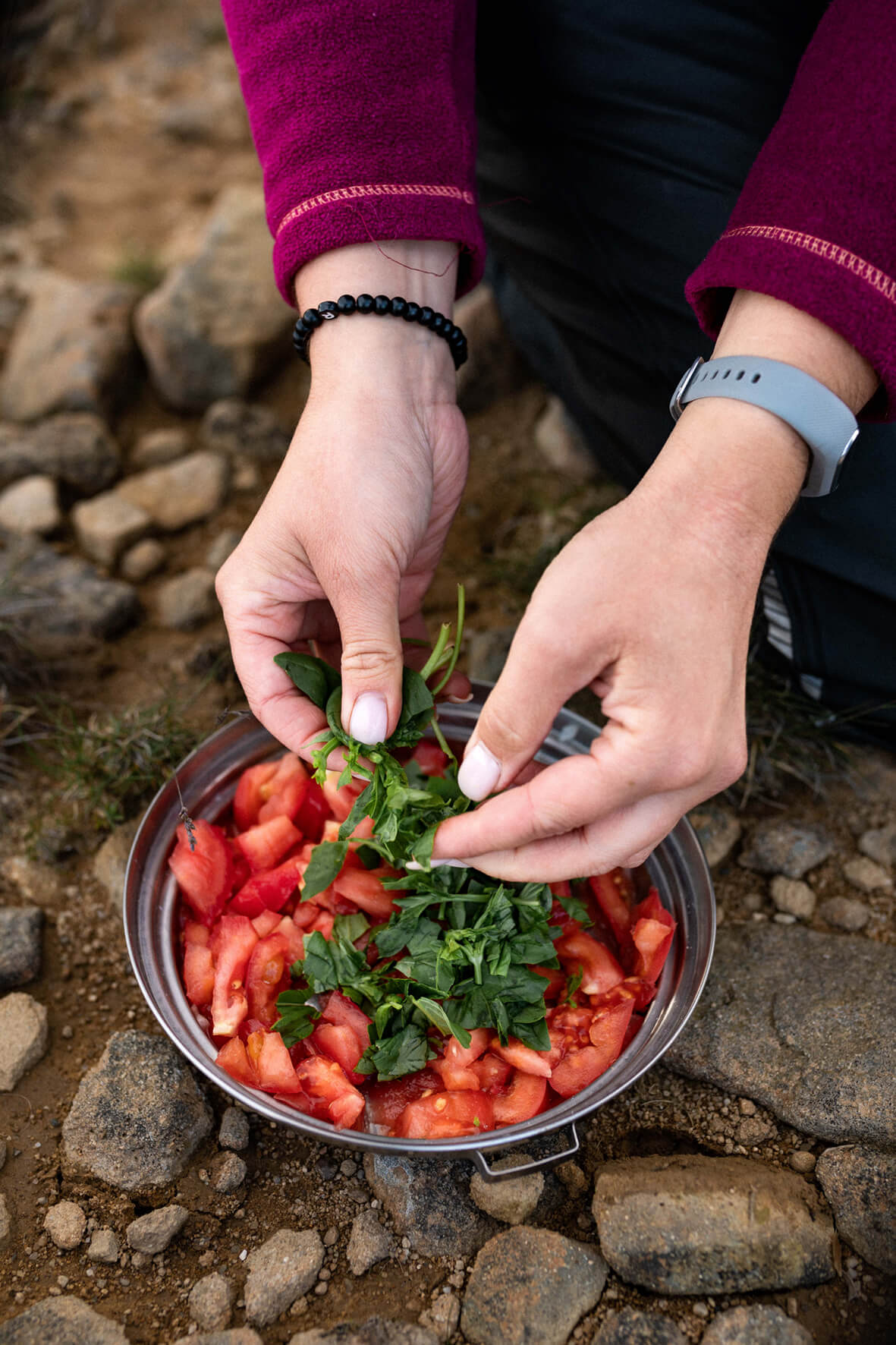 Outdoor Camping kochen. frische Tomatensause mit Basilikum 