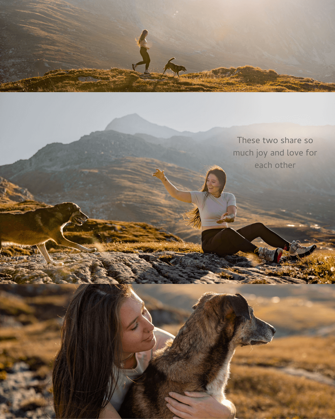 Ein Hund und eine Frau rennen voller Freude in einer alpinen Landschaft um die Wette. Die Frau ruft ihren Hund zu sich und die Hündin kuschelt sich in ihre Arme.