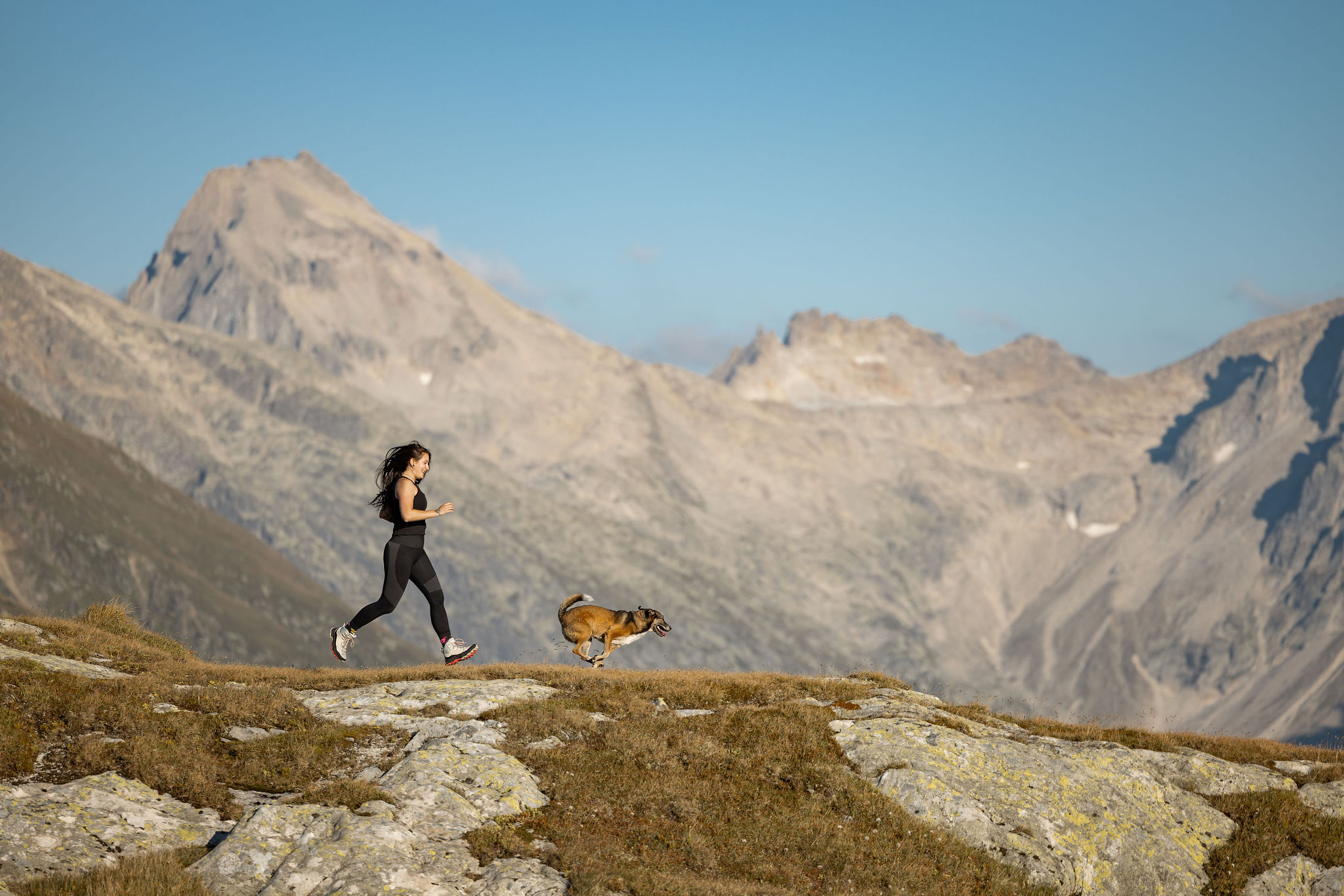 Sportlich schnell rennen eine junge Frau und ihr Hund vor einer Bergkulisse der Schweizer Alpen.