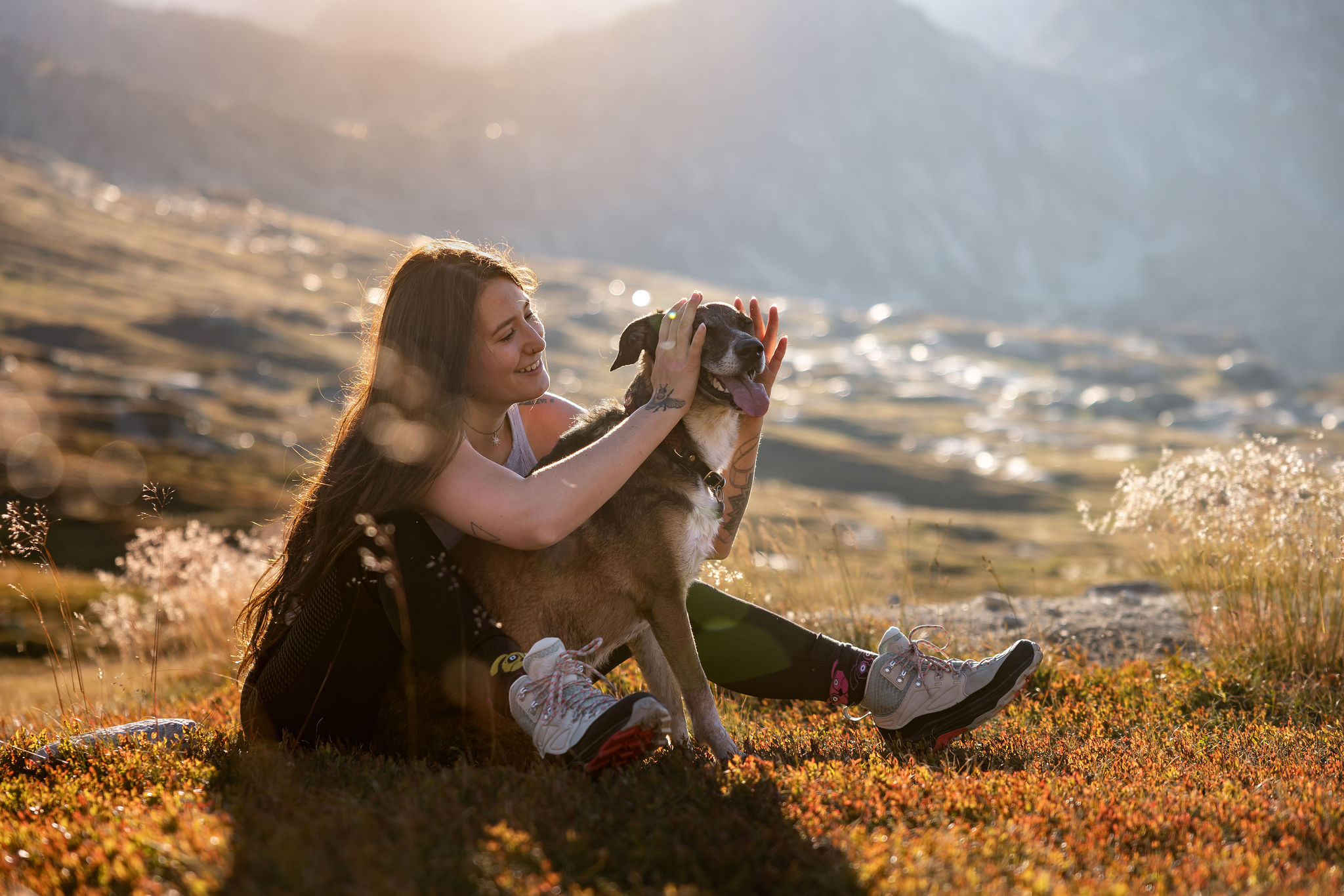 Frauchen und Hund albern ährend eines Hundefotoshootings in der Schweiz herum.