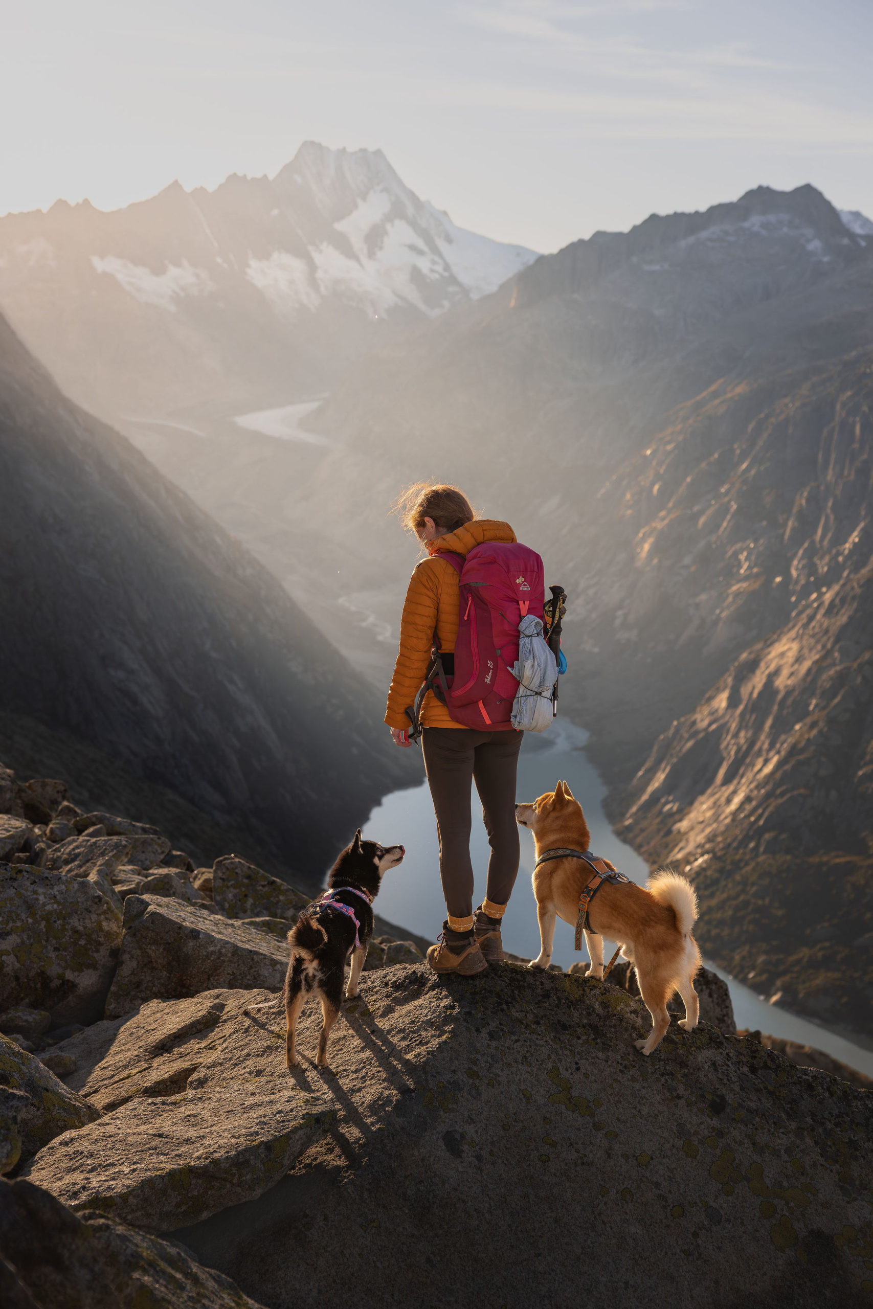 Eine junge Frau wandert mit zwei Shiba Inu Hunden vor der imposanten Kulisse des Grimselsees und einem Gletscher. Sie ist ausgerüstet mit einem Rucksack und steht auf einer Klippe. Die Hunde stehen links und rechts von ihr