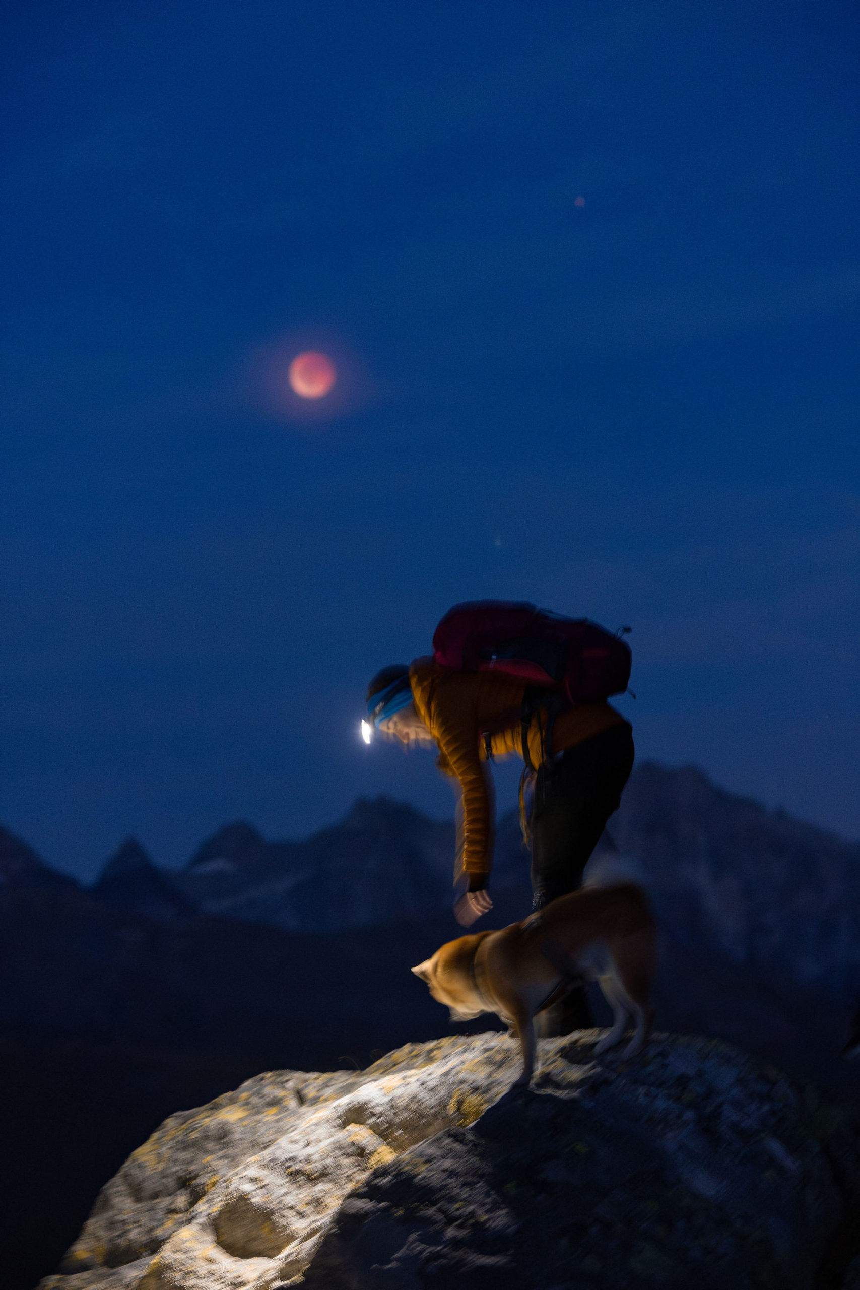 Totale Mondfinsternis, ein sogenannter Blutmond über den Alpen. Im Vordergrund eine junge Frau am Wandern mit ihrem Hund
